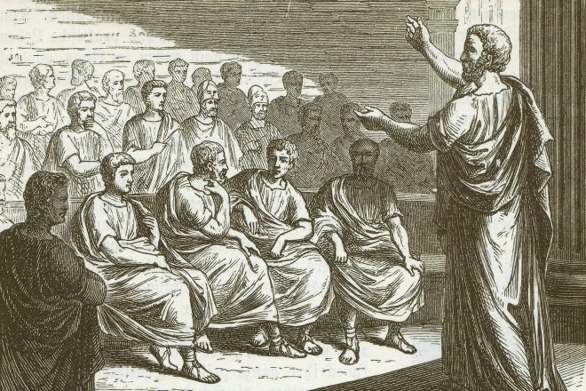 a greek phillosopher speaking before an audience